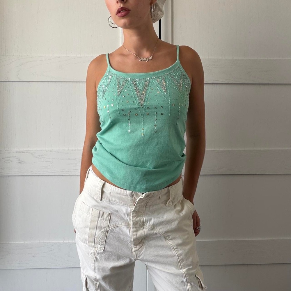 Y2K Roommates California Turquoise Sequin Beaded Cami Top